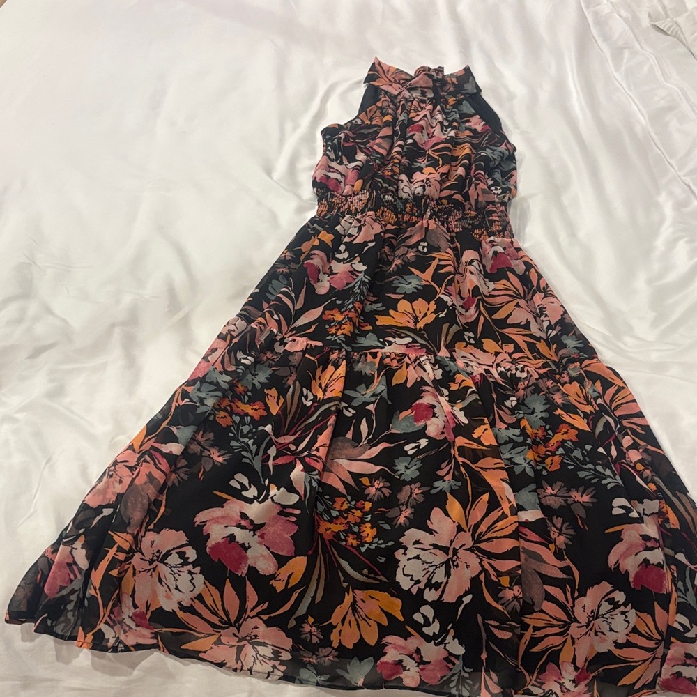 Veronica M Black and Pink Floral Midi Dress